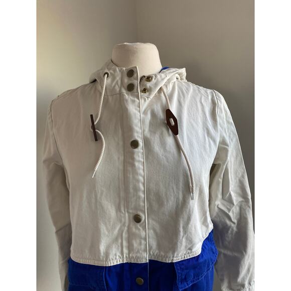 J. CREW Canvas Anorak Jacket Womens Sz XS Blue Cream Hooded Preppy Color Block - Picture 2 of 8